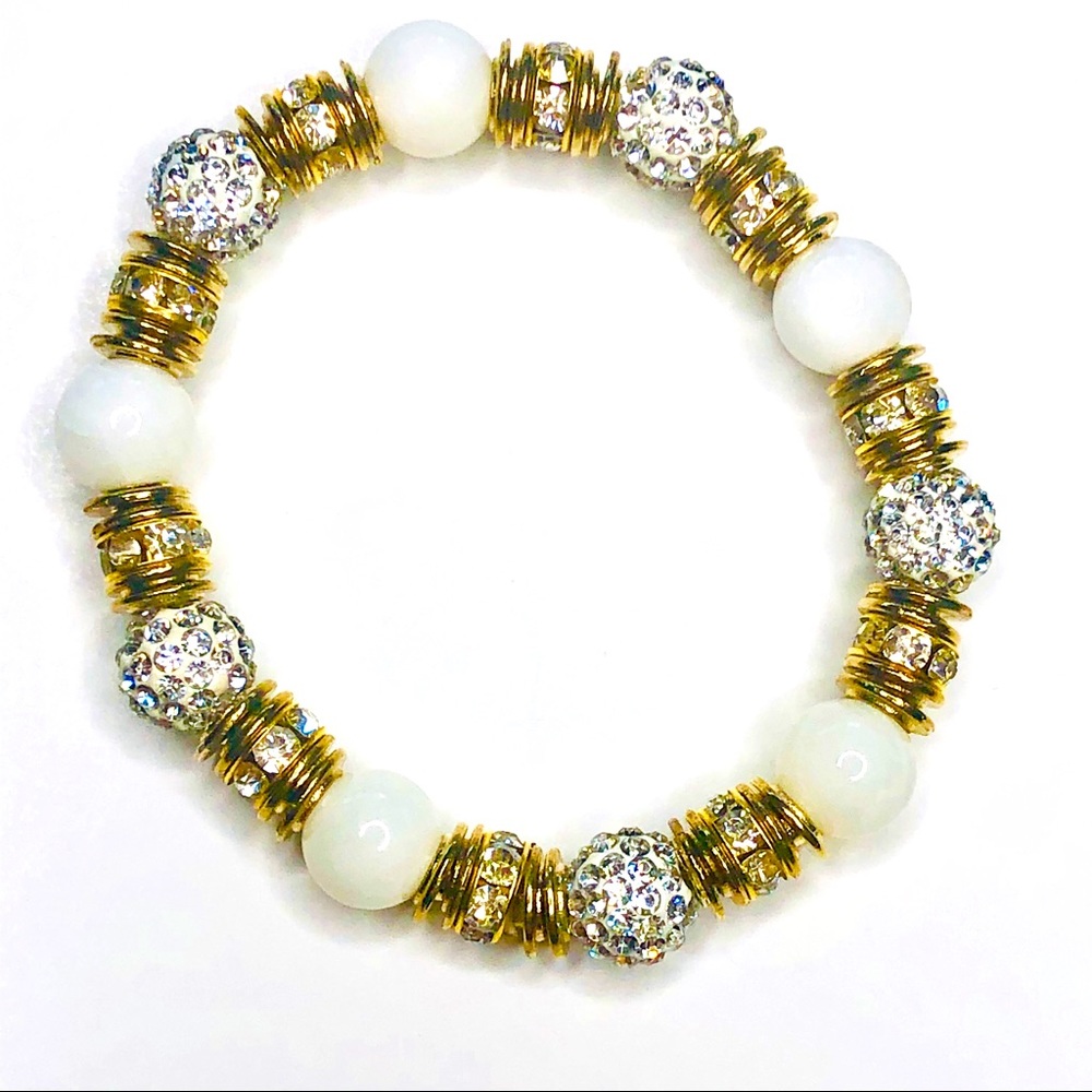 Gold & White Bead & Rhinestone Bracelet NWOT